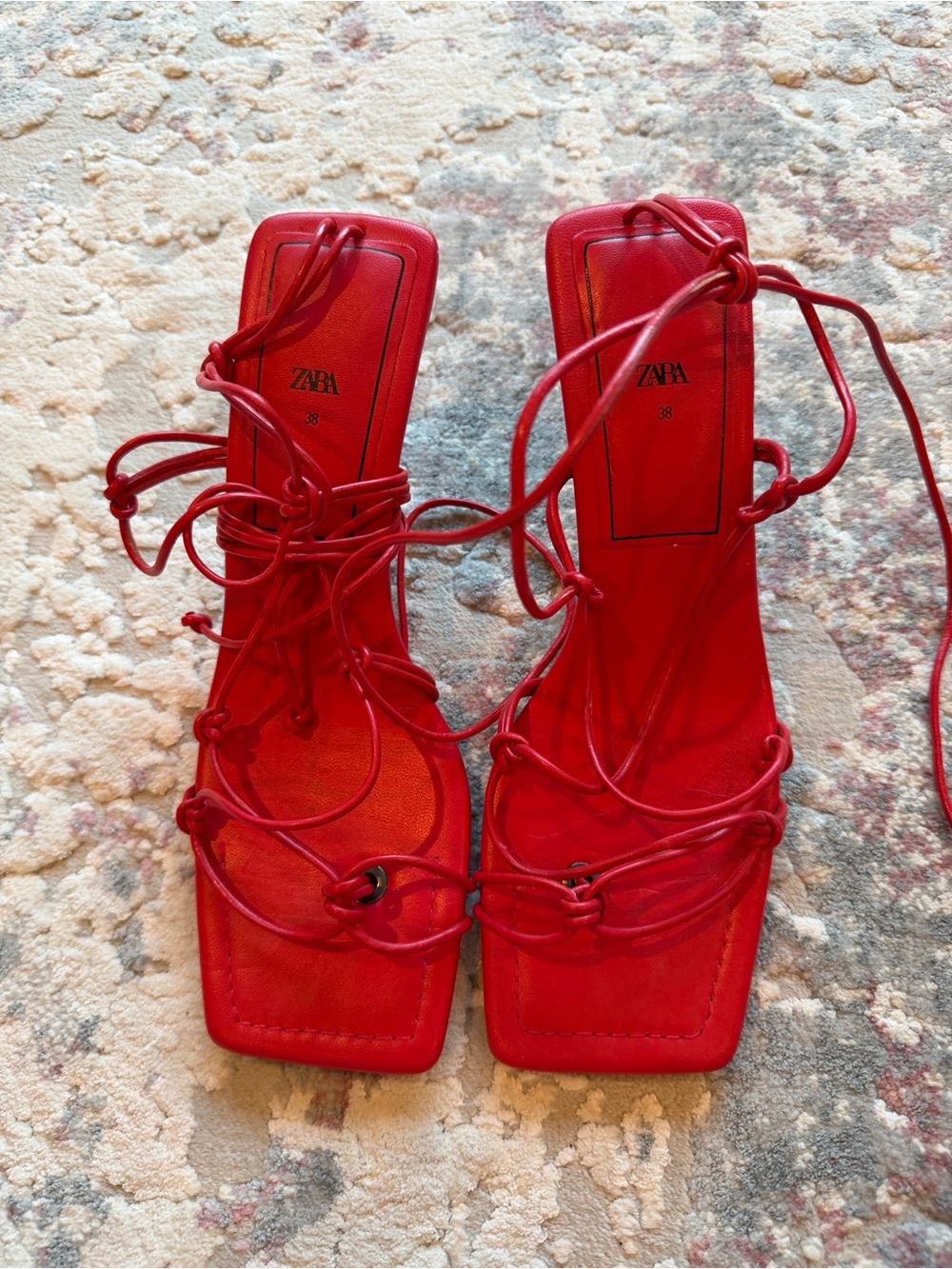 ZARA Red Knotted Lace-Up Square-Toe Heels